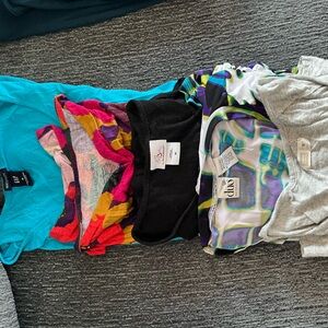 Five maternity shirts, size medium: Old Navy, Gap, Liz Lange, Duo, and Oh Baby.